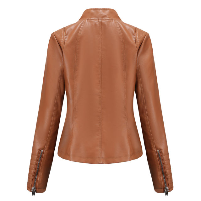 Camel Zipper Pockets Long Sleeve PU Leather Jacket TQK280093-58