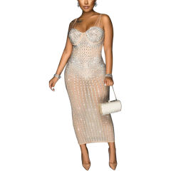 Apricot Mesh Rhinestone Plus Size Sling Dress TQK310775-18