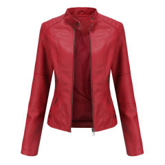 Red Slim Fit Stand Collar PU Motorcycle Jacket TQK280091-3
