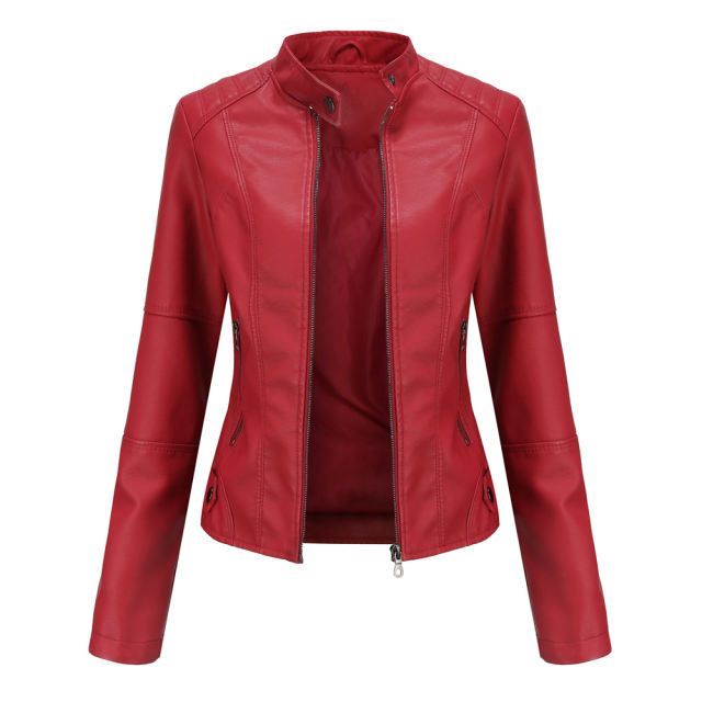 Red Slim Fit Stand Collar PU Motorcycle Jacket TQK280091-3
