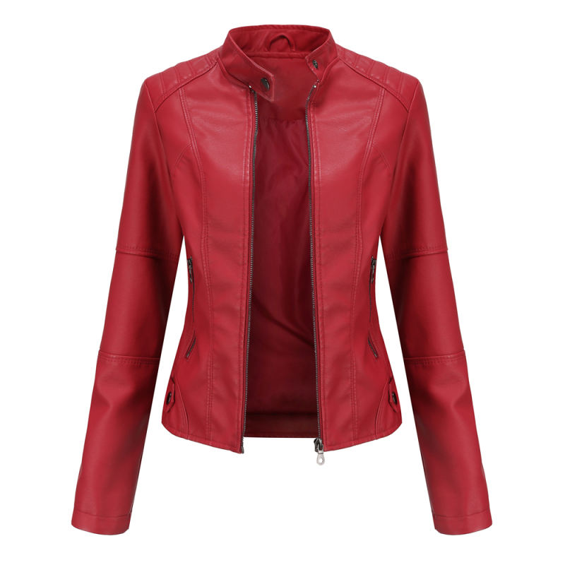 Red Slim Fit Stand Collar PU Motorcycle Jacket TQK280091-3