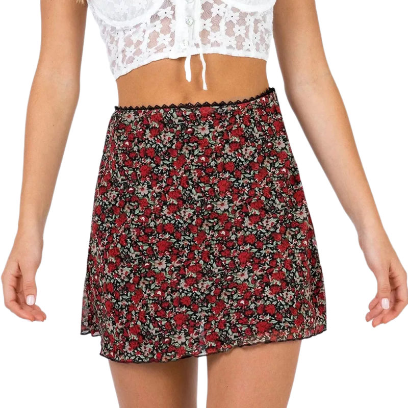 Red Floral Print Double-layers Hight Waist Mini Skirt TQK360034-3