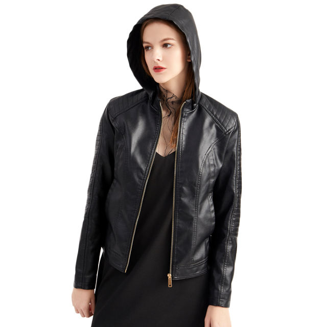 Black Fleece Lined Plus Size PU Leather Jacket TQK280097-2