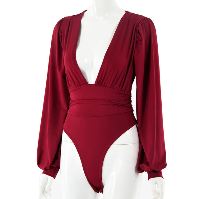 Wine Red Deep V Neck Pleated Long Sleeve Bodysuit TQK550214-103