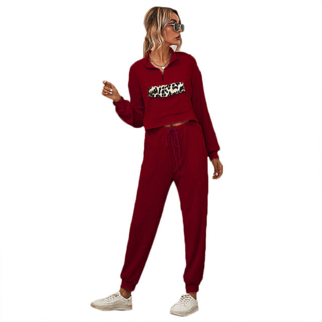 Wine Red Zipper Up Leopard Detail Sweatshirt with Pant Set TQK710222-103