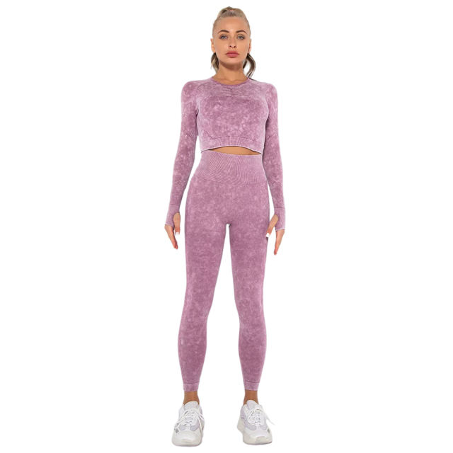 Wine Red Nylon Seamless Long Sleeve Pant Yoga Set TQE91361-103