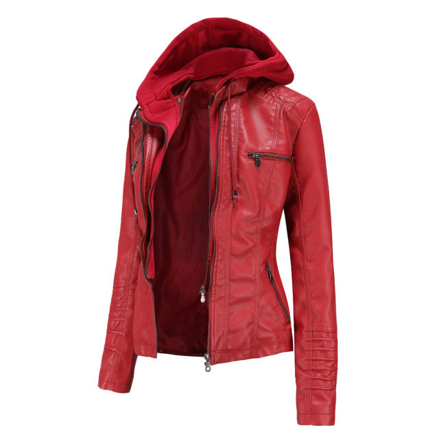 Red Removable Hooded Washed PU Leather Jacket TQK280096-3