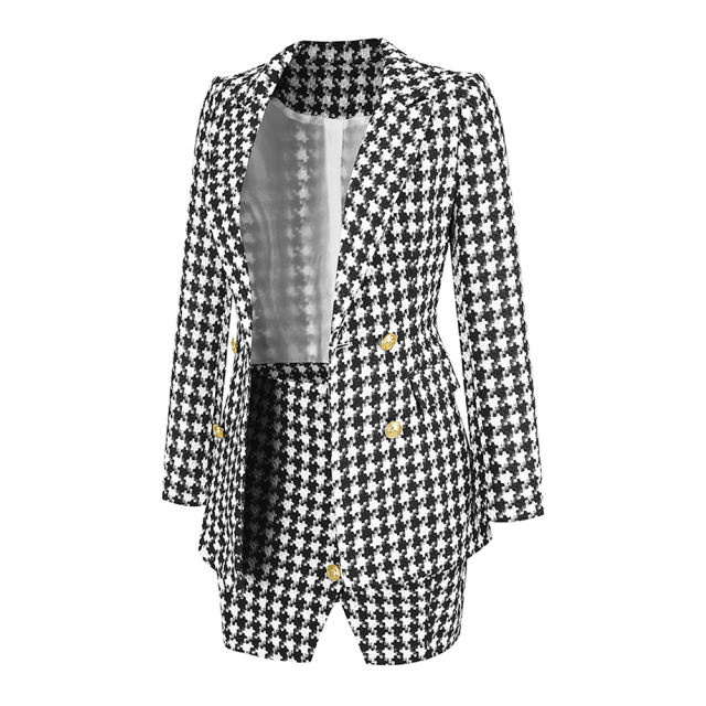Black Plaid Print Blazer and Button Split Skirt Set TQF711046-2