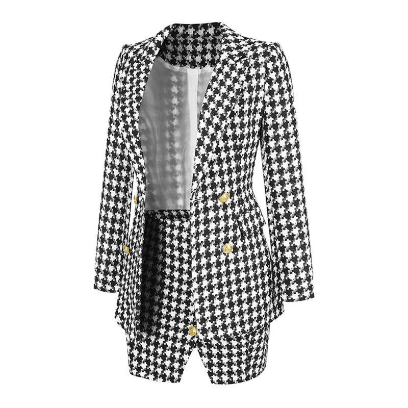 Black Plaid Print Blazer and Button Split Skirt Set TQF711046-2