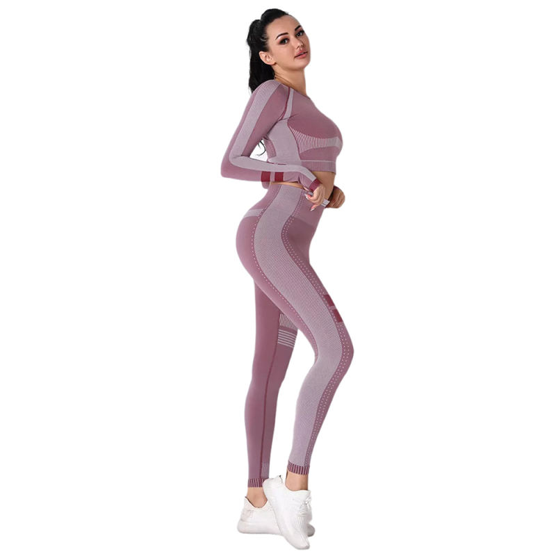 Wine Red Seamless Knit Long Sleeve Pant Yoga Set TQE91372-103