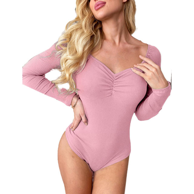 Pink Pleated V Neck Long Sleeve Bodysuit TQK550215-10