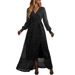 Black Sequin V Neck High Split Maxi Dress TQK311352-2