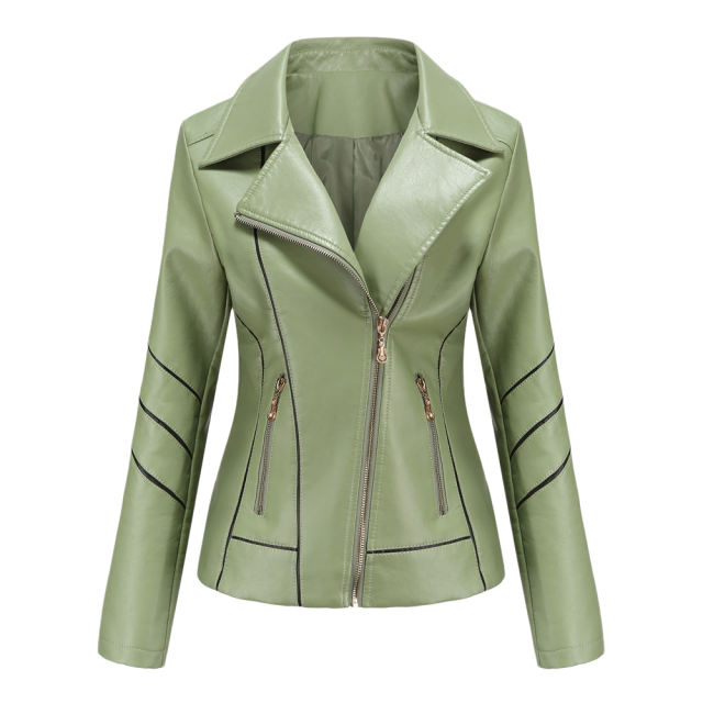 Light Green Turn Down Slim Fit PU Leather Jacket TQK280095-28