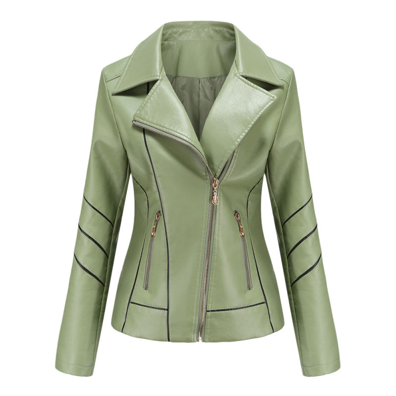 Light Green Turn Down Slim Fit PU Leather Jacket TQK280095-28