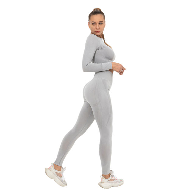 Light Grey Seamless Long Sleeve Yoga Sports Set TQE00135-112