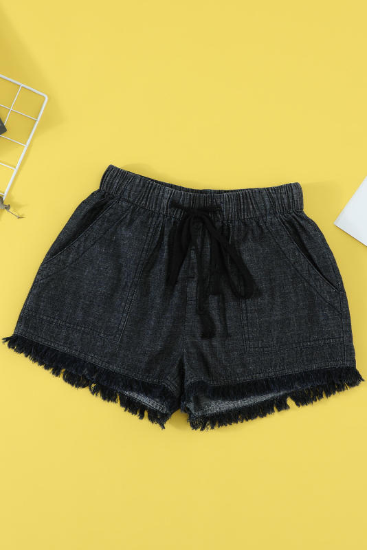 Black Casual Pocketed Frayed Denim Shorts LC77959-2