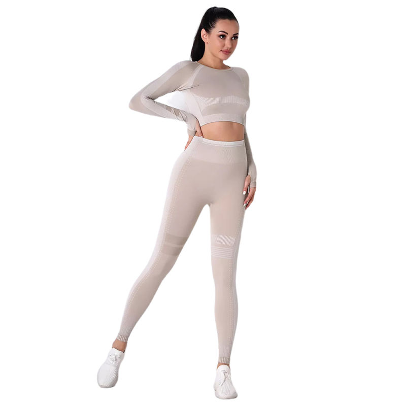 Khaki Seamless Knit Long Sleeve Pant Yoga Set TQE91372-21