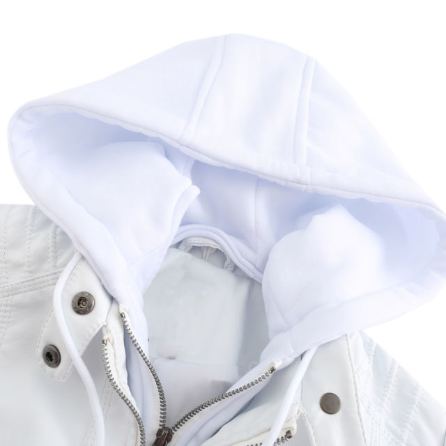 White Removable Hooded Washed PU Leather Jacket TQK280096-1