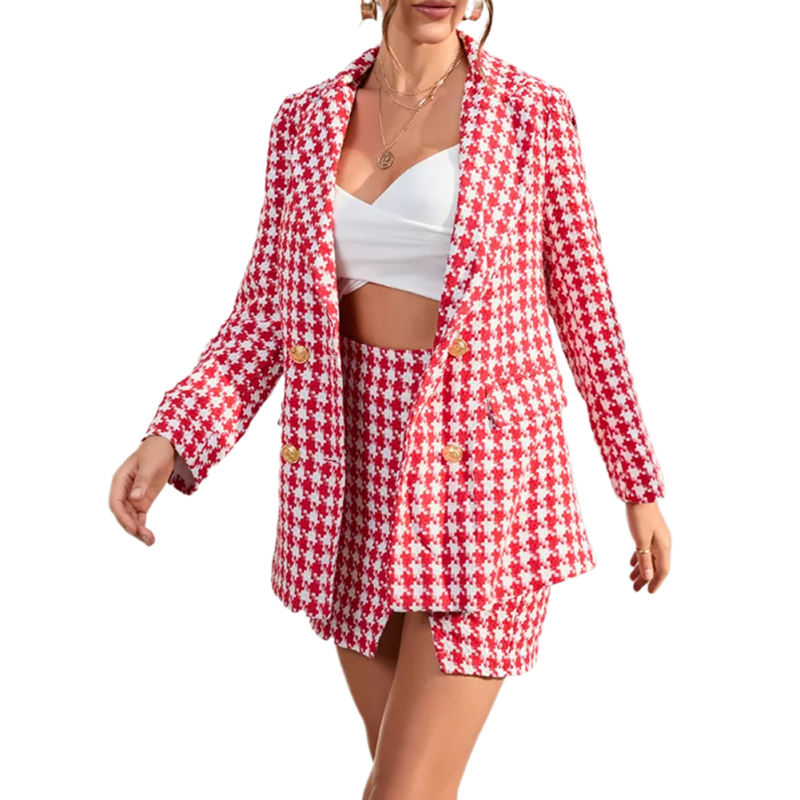 Red Plaid Print Blazer and Button Split Skirt Set TQF711046-3