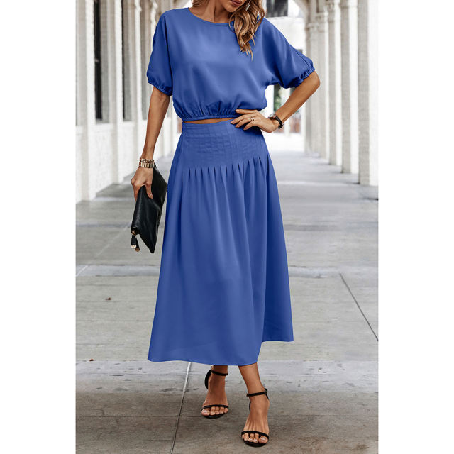 Blue Pleated Crop Top with Skirt Set TQX711094-5
