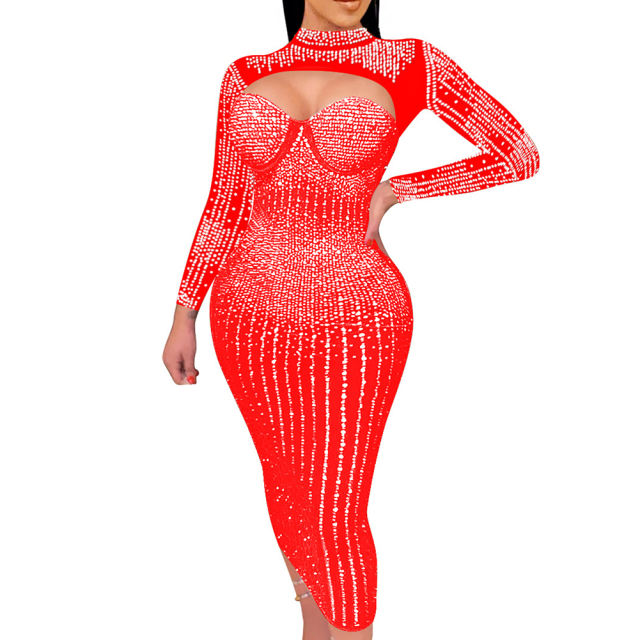 Red Mesh Rhinestone Beading Padded Long Sleeve Dress TQK311127-3