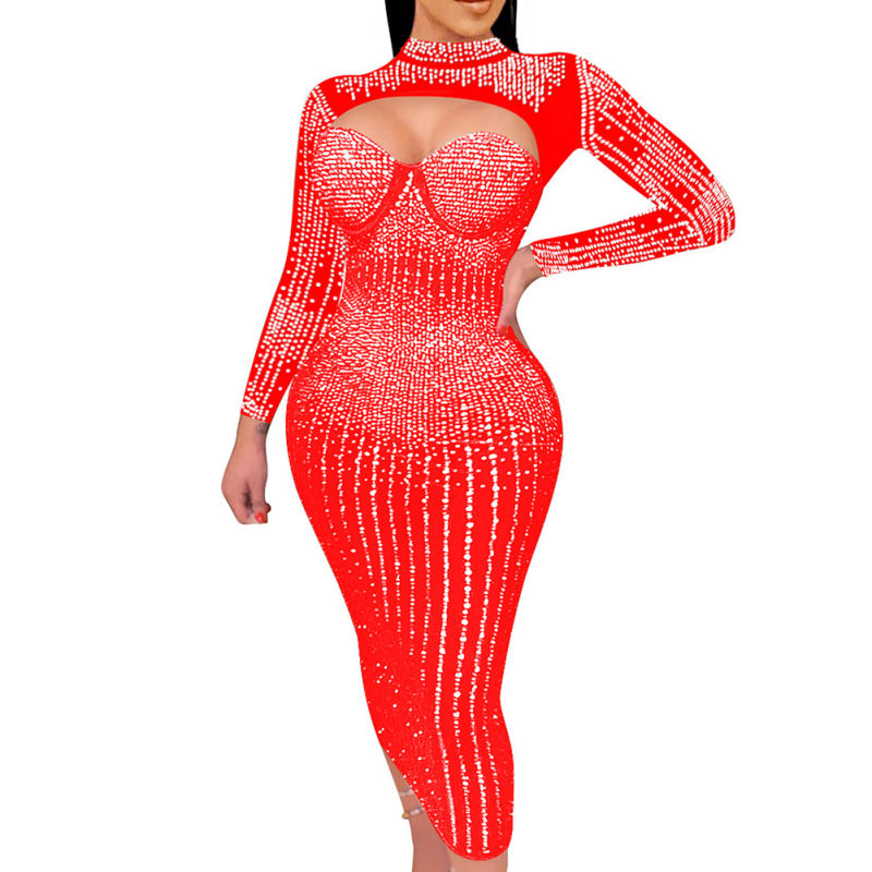 Red Mesh Rhinestone Beading Padded Long Sleeve Dress TQK311127-3