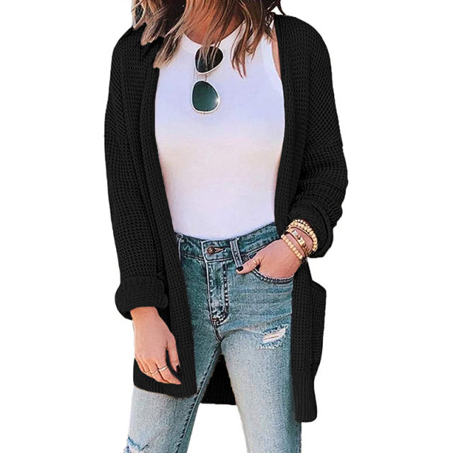 Black Waffle Knit Cardigan with Pockets TQK271081-2
