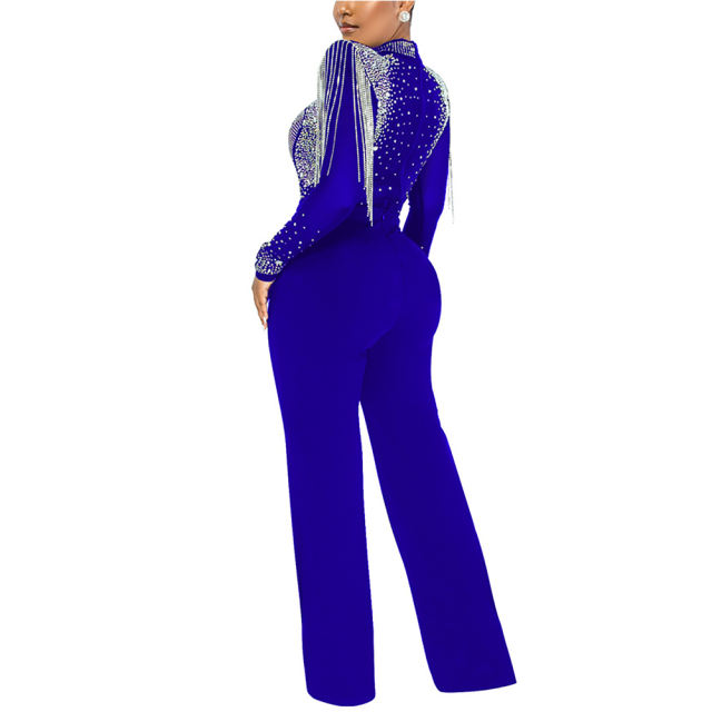 Blue Rhinestone Mock Neck Tassel Jumpsuit TQK550272-5