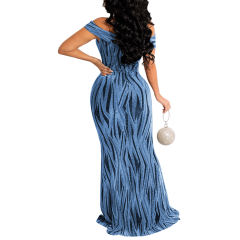 Light Blue Shiner V-Neck Fishtail Evening Dress TQK311174-30