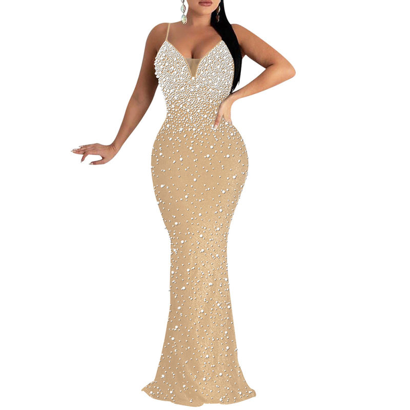 Apricot Rhinestone Open Back Mermaid Maxi Dress TQK311126-18