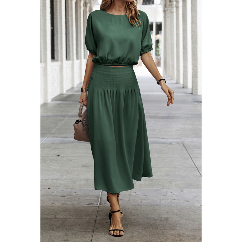 Dark Green Pleated Crop Top with Skirt Set TQX711094-36