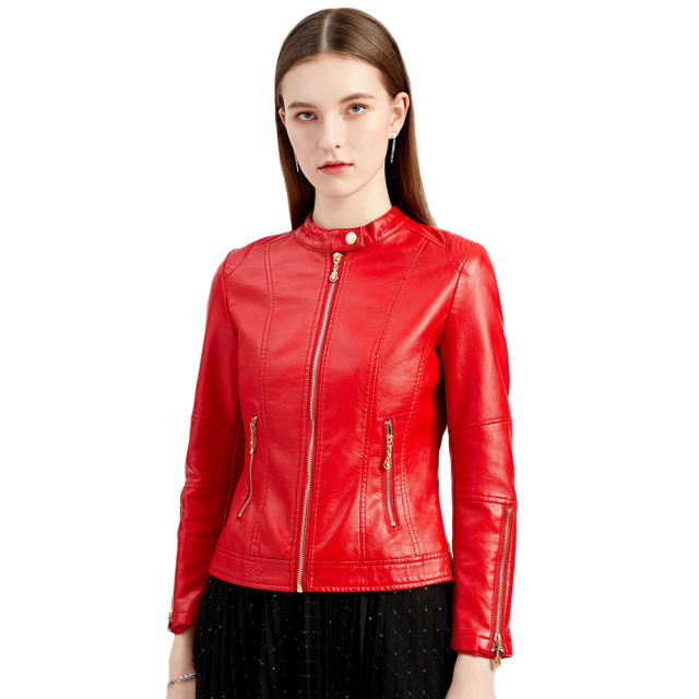 Red Stand Collar Zipper Detail PU Leather Jacket TQK280094-3