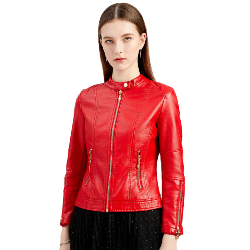 Red Stand Collar Zipper Detail PU Leather Jacket TQK280094-3
