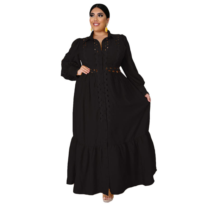 Solid Black Button Down Plus Size Dress TQK310446-2
