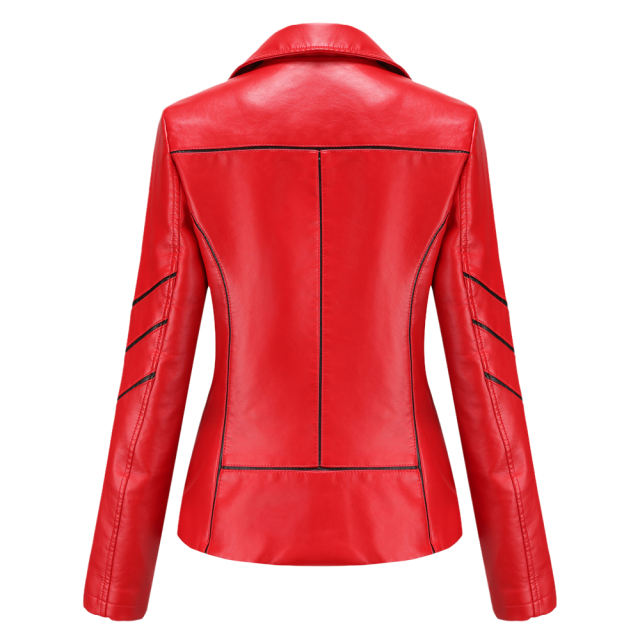 Red Turn Down Slim Fit PU Leather Jacket TQK280095-3