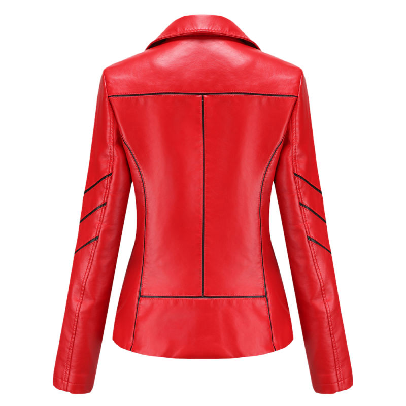 Red Turn Down Slim Fit PU Leather Jacket TQK280095-3