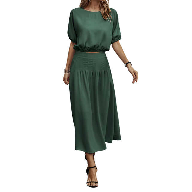 Dark Green Pleated Crop Top with Skirt Set TQX711094-36