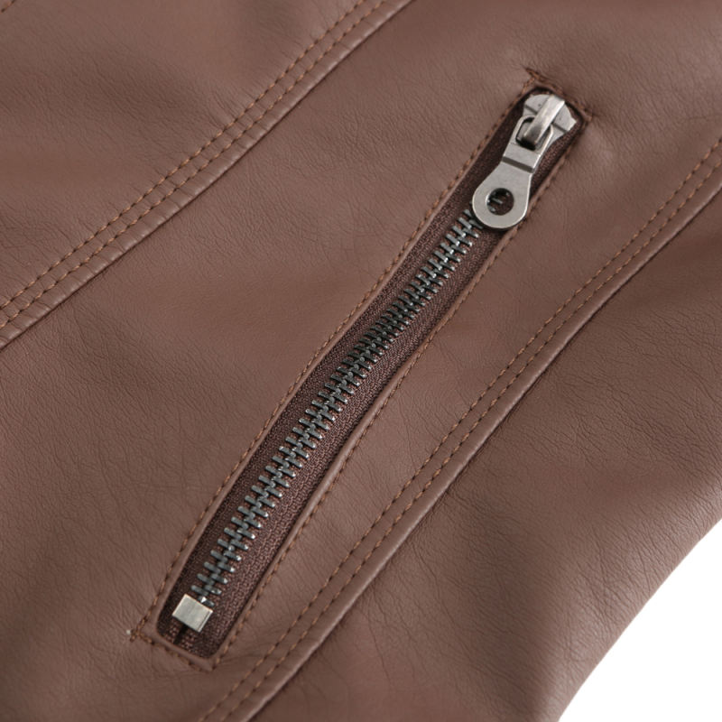 Coffee Slim Fit Stand Collar PU Motorcycle Jacket TQK280091-15