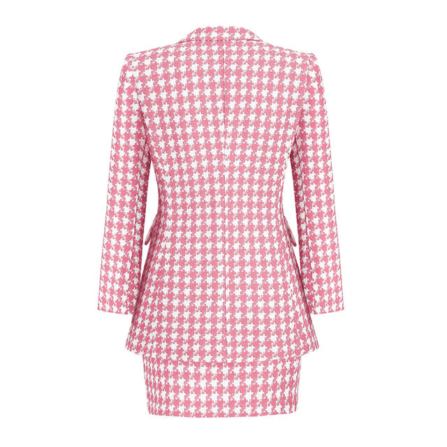 Pink Plaid Print Blazer and Button Split Skirt Set TQF711046-10
