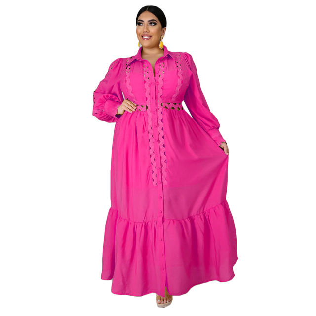 Solid Rosy Button Down Plus Size Dress TQK310446-6
