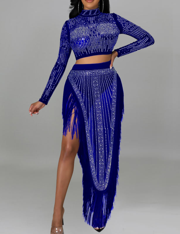 Blue Rhinestone Long Sleeve Crop Tops and Tassels Skirt Set TQV810016-5
