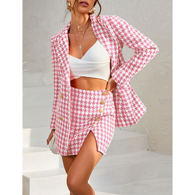 Pink Plaid Print Blazer and Button Split Skirt Set TQF711046-10