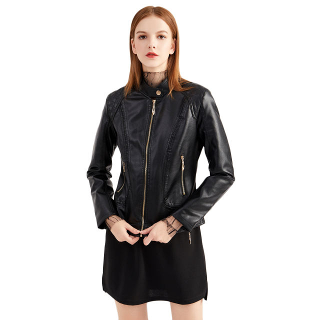 Black Classic Style Stand Collar PU Leather Jacket TQK280092-2