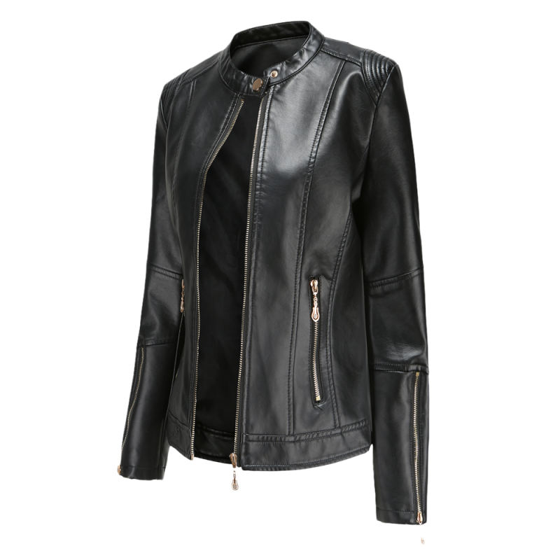 Black Stand Collar Zipper Detail PU Leather Jacket TQK280094-2