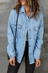 Sky Blue Rhinestone Pearls Denim Shacket LC788118-4