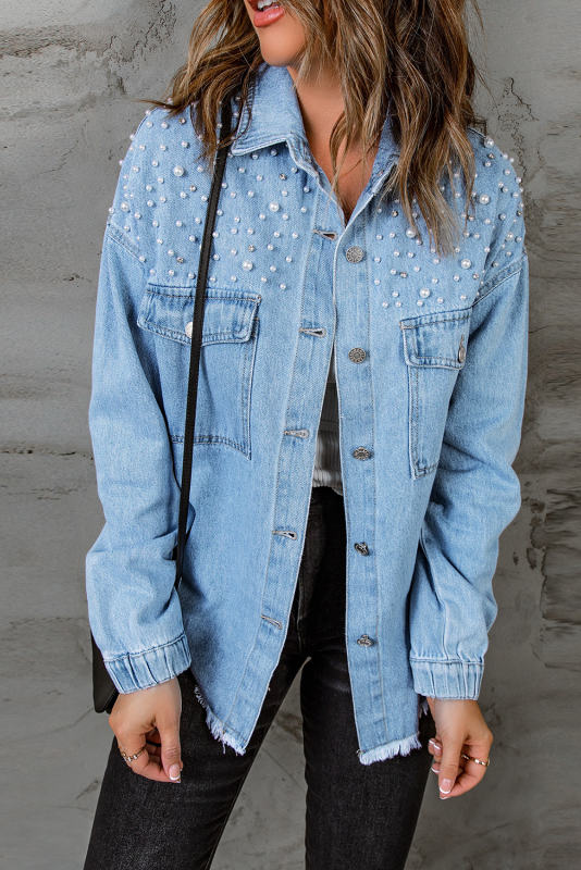 Sky Blue Rhinestone Pearls Denim Shacket LC788118-4