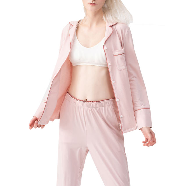 Pink Button Shirt with High Waist Pant Pajamas Set TQE90120-10