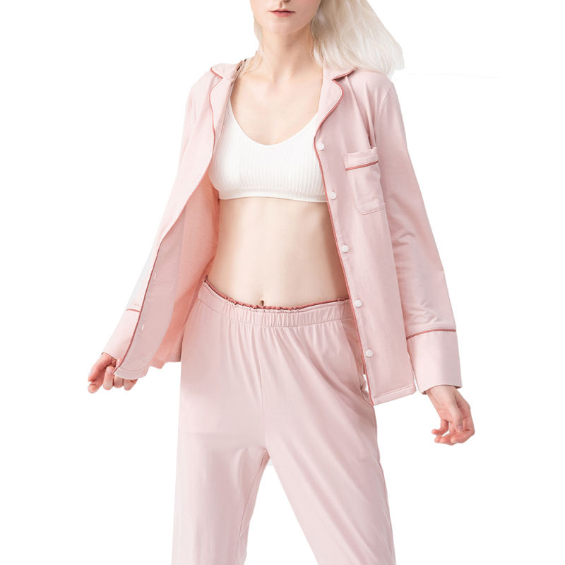 Pink Button Shirt with High Waist Pant Pajamas Set TQE90120-10