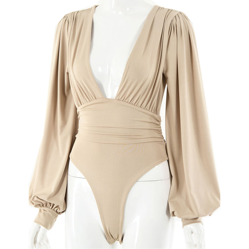 Khaki Deep V Neck Pleated Long Sleeve Bodysuit TQK550214-21