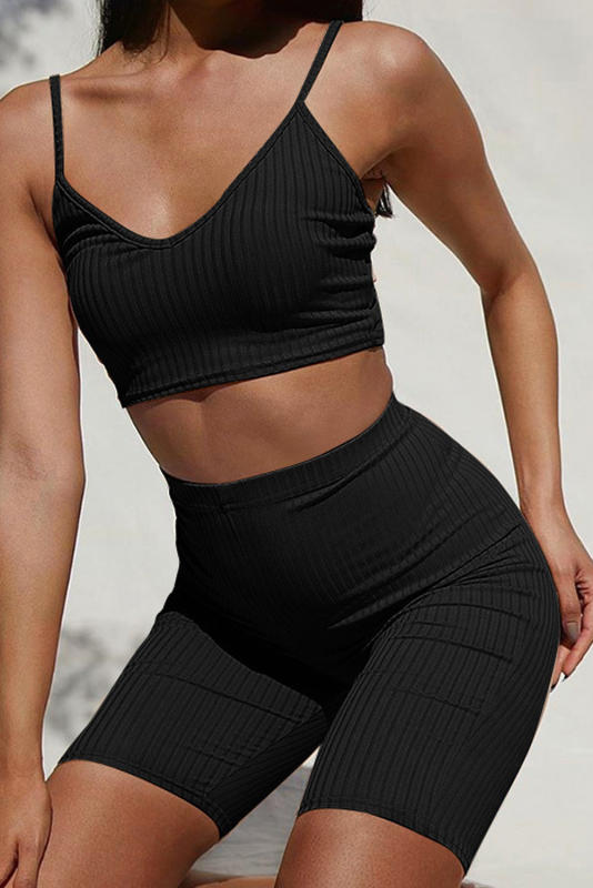 Black Two-piece Bra and Leggings Ribbed Knit Yoga Sports Wear LC261629-2